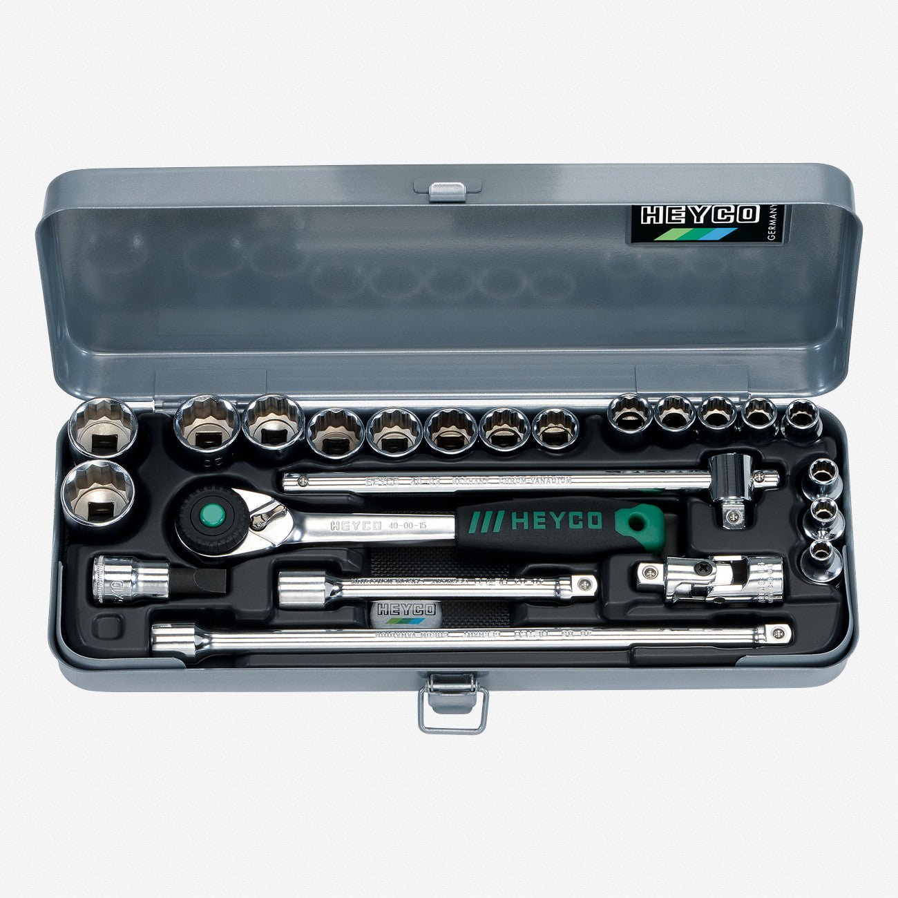 Heyco SAE 12 Point 3/8" Drive Socket Set with Ratchet, 23 Pieces