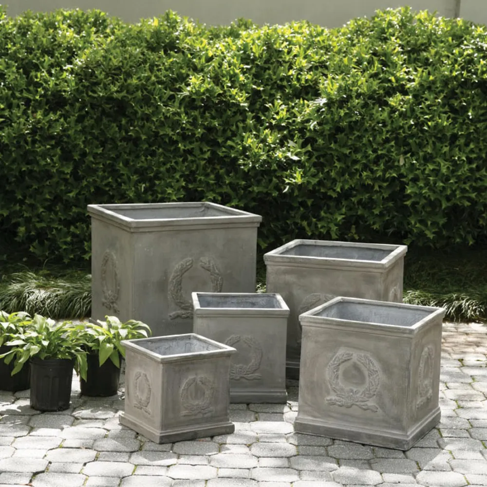 Set of 5 Square Laurel Wreath Design Garden Planters with a Weathered Gray Finish