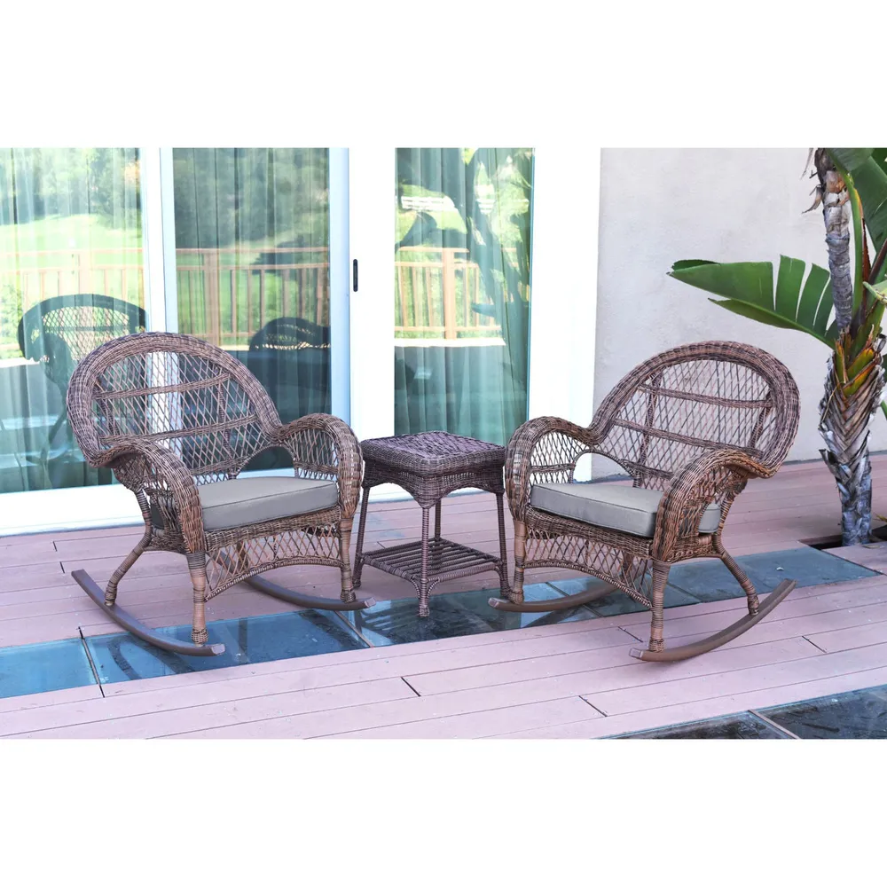 3-Piece Brown Outdoor Furniture Patio Conversation Set – Steel Blue Cushions