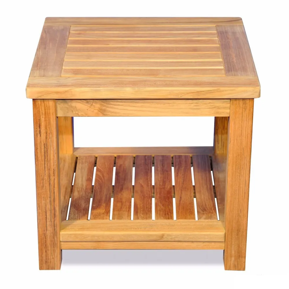 18″ Small Natural Teak End Coffee Table with Lower Shelf