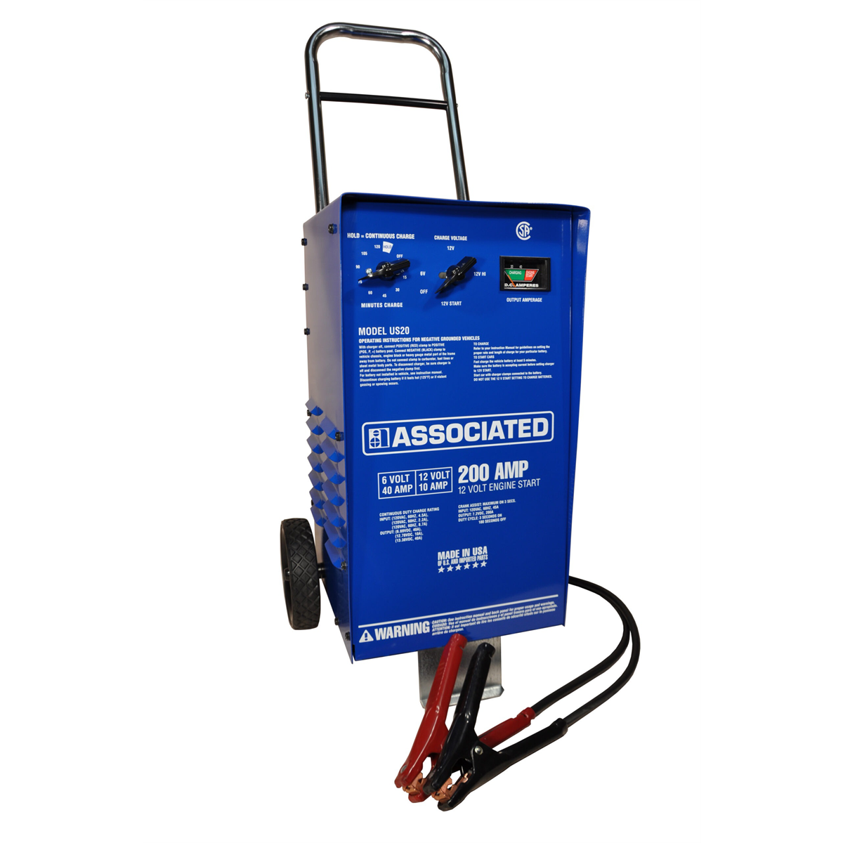 Associated Battery Chargers US20 Wheeled Battery Charger with 200 A Crank Assist, 90 Min Timer and