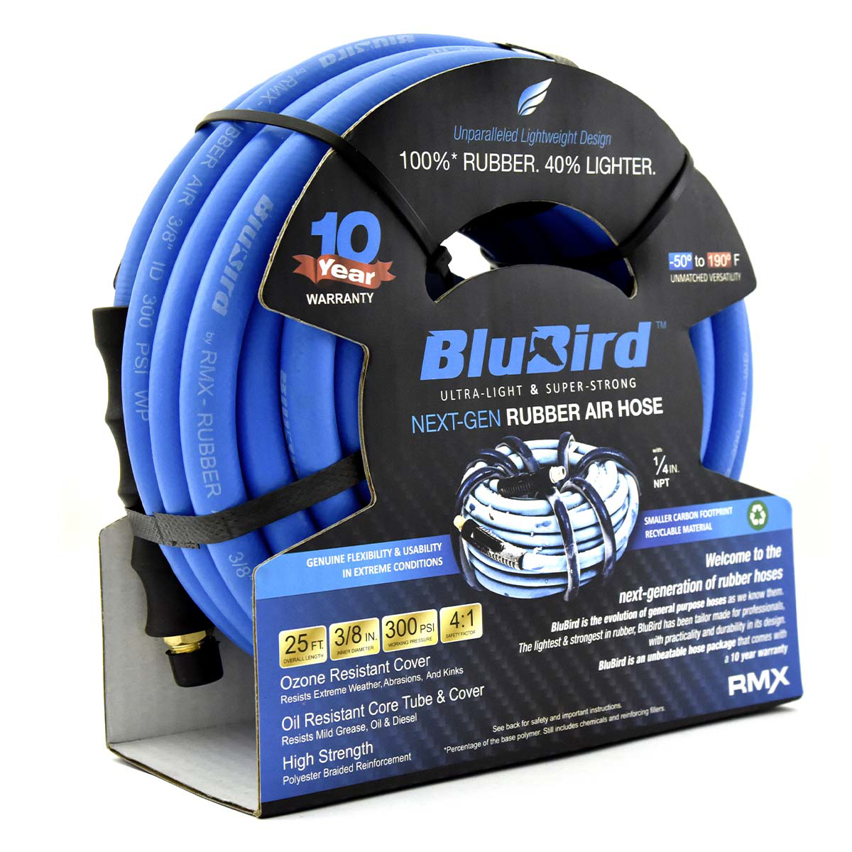 Blue Bird Air Hoses BB3825 Rubber Air Hose Assembly 3/8" x 25' with 1/4" NPT Ferrules, 300 PSI