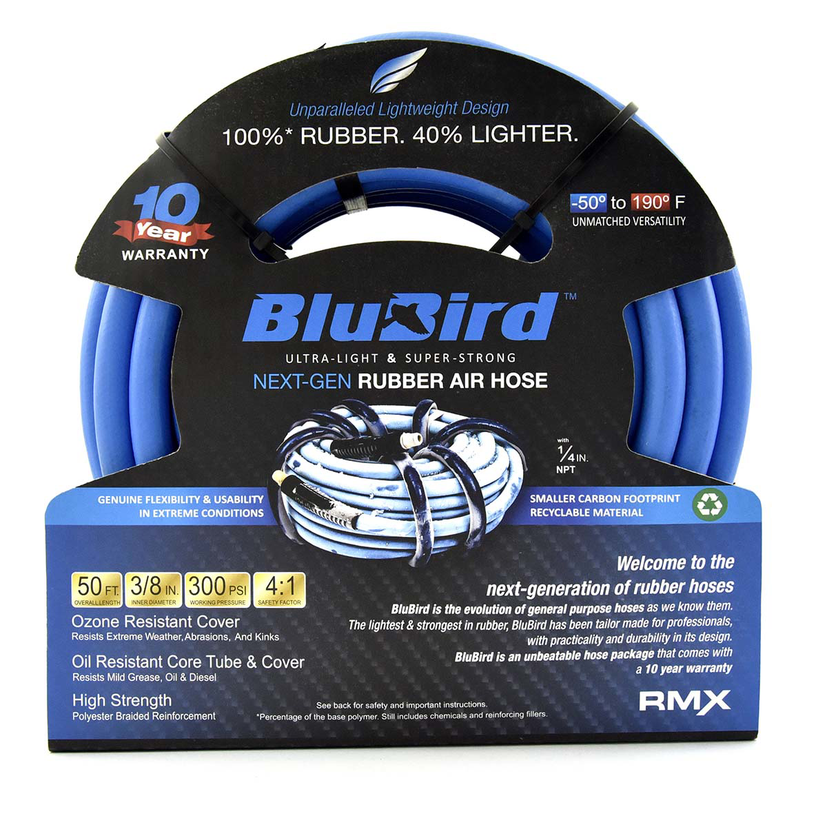 Blue Bird Air Hoses BB3850 Rubber Air Hose Assembly 3/8" x 50' with Brass Fittings, 300 PSI