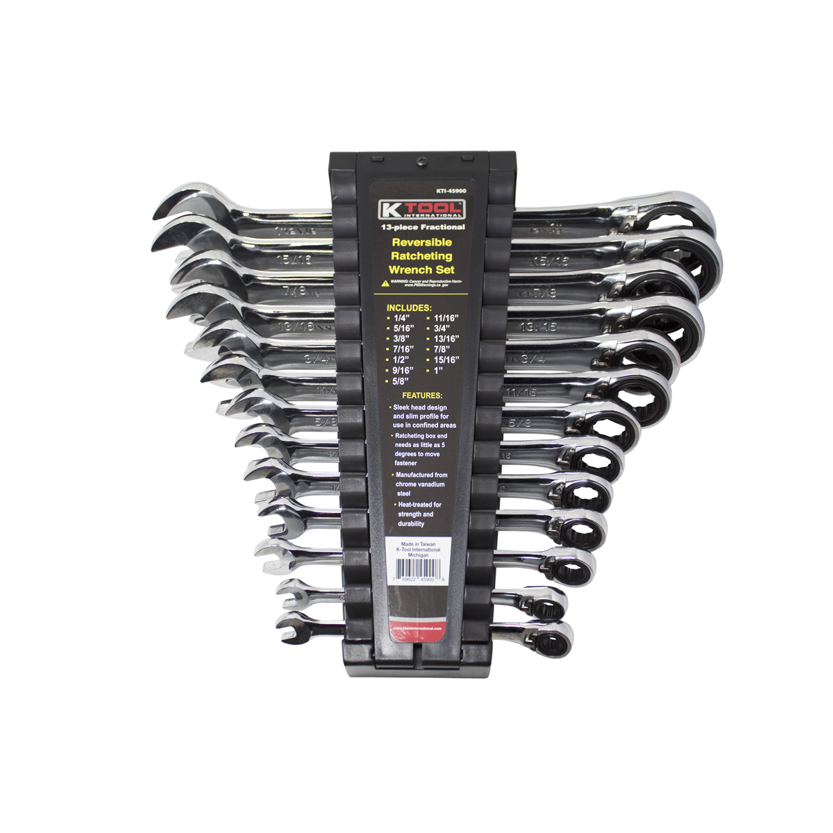 K Tool International 13-Piece SAE Ratcheting Wrench Set 45900 - Reversible Mechanism, All-Metal