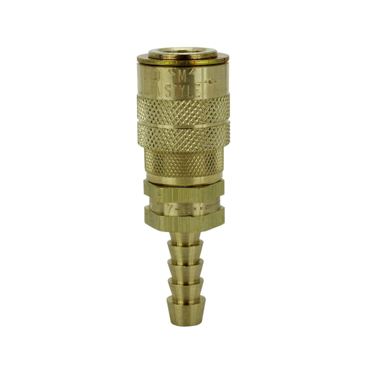 Milton 1717-6 3/8 in M-Style Hose Barb with Steel Drag Guard, Brass Body, Buna-N Seal - 300 PSI