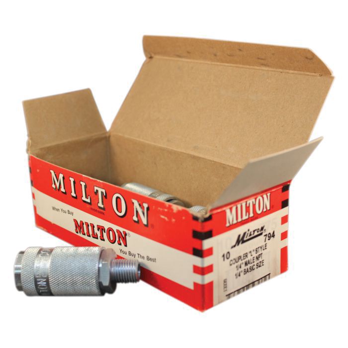 Milton 794 L-Style 1/4 in MNPT Steel Coupler, Push-type sleeve, 32 scfm