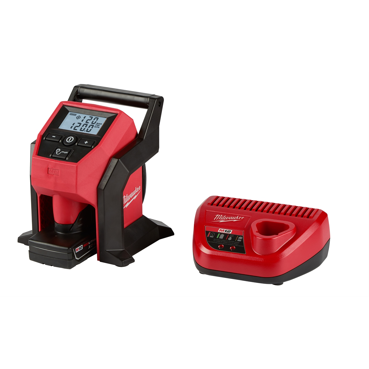 Milwaukee 2475-21XC M12 Portable Inflator Kit, 120 psi, TrueFill Auto Shut-off, 26-in Hose, LCD
