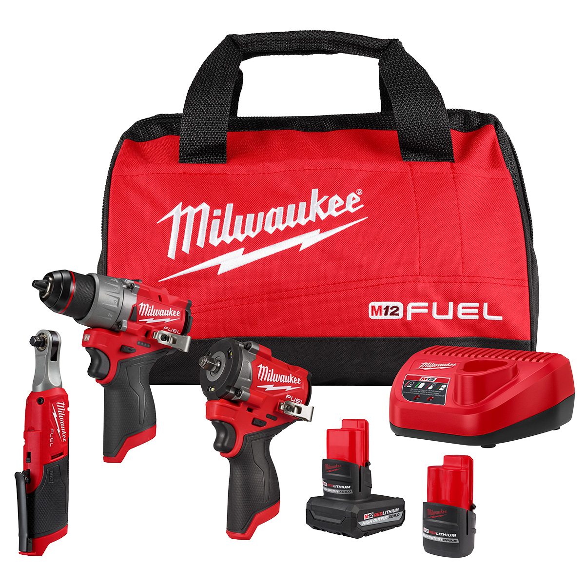 Milwaukee M12 FUEL 3-Tool Combo Kit 3424-23 Includes Wrench, Ratchet, Drill