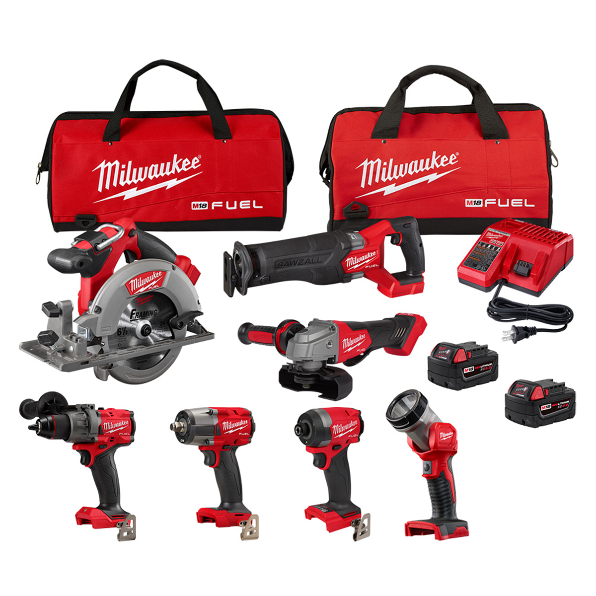 Milwaukee Tools M18 FUEL 7-Tool Combo Kit 3697-27, includes hammer drill, impact driver, mid-torque