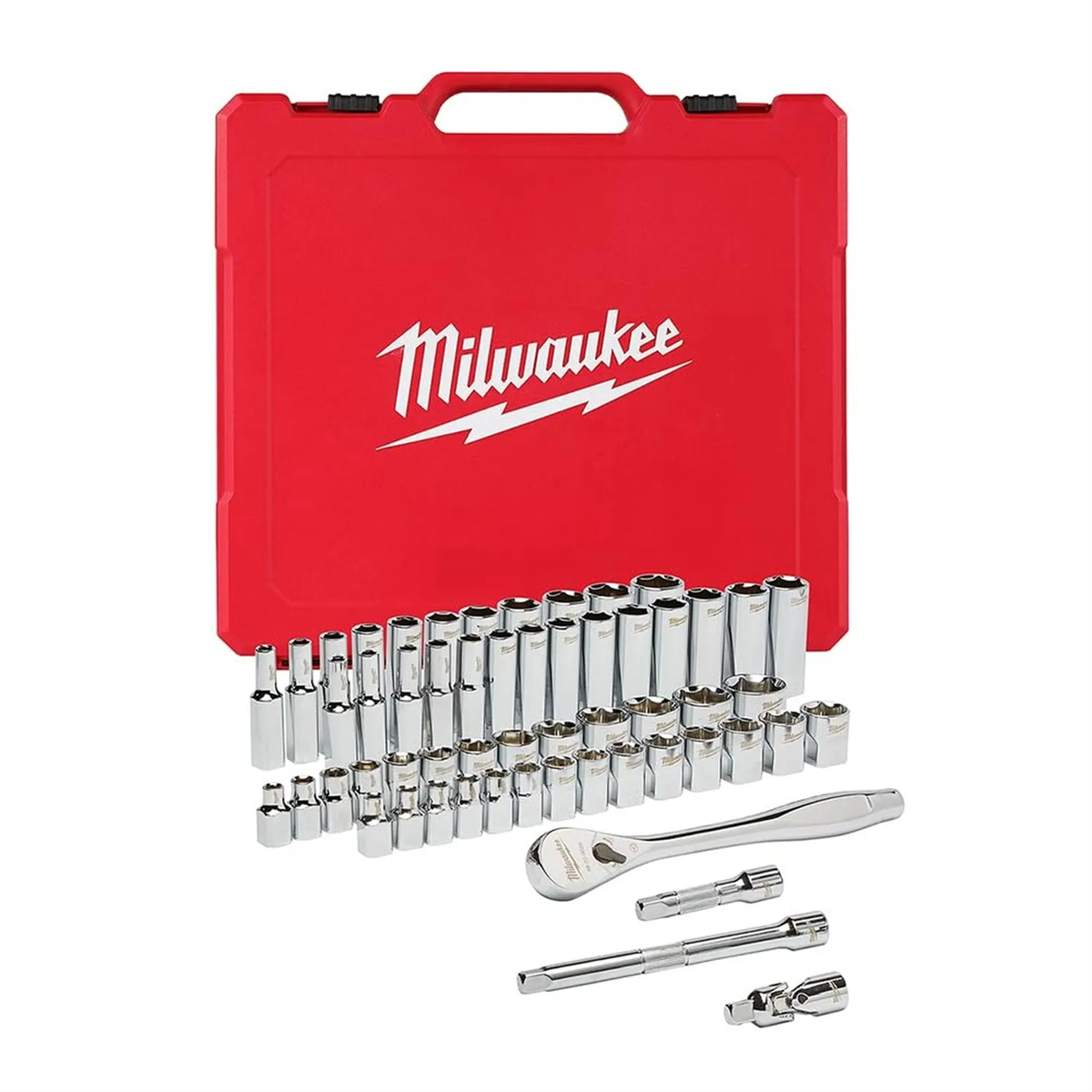 Milwaukee 48-22-9008 56-Piece 3/8" Drive Ratchet and Socket Set with Four Flat Anti-Roll Design