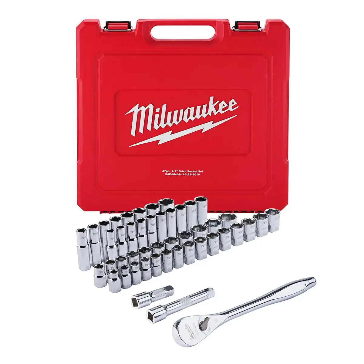Milwaukee 48-22-9010 46-Piece 1/2" Drive Ratchet and Socket Set with Four Flat Anti-Roll Sides