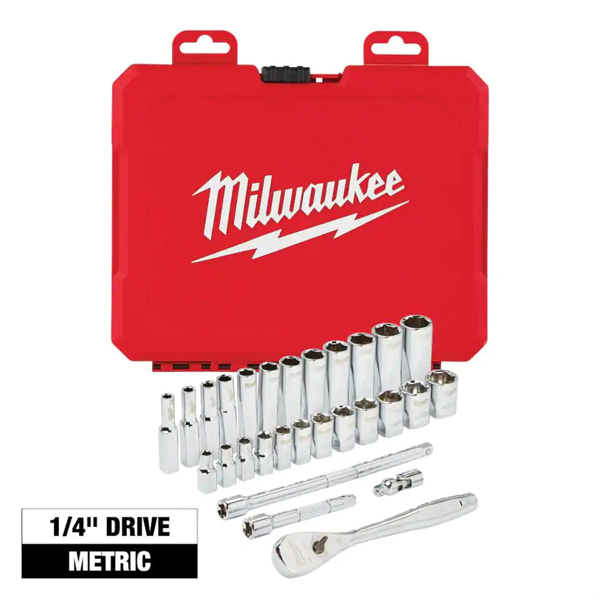 Milwaukee 1/4-in Drive Ratchet Set 28-Piece SAE, MPN 48-22-9504, Four Flat Anti-Roll Sockets
