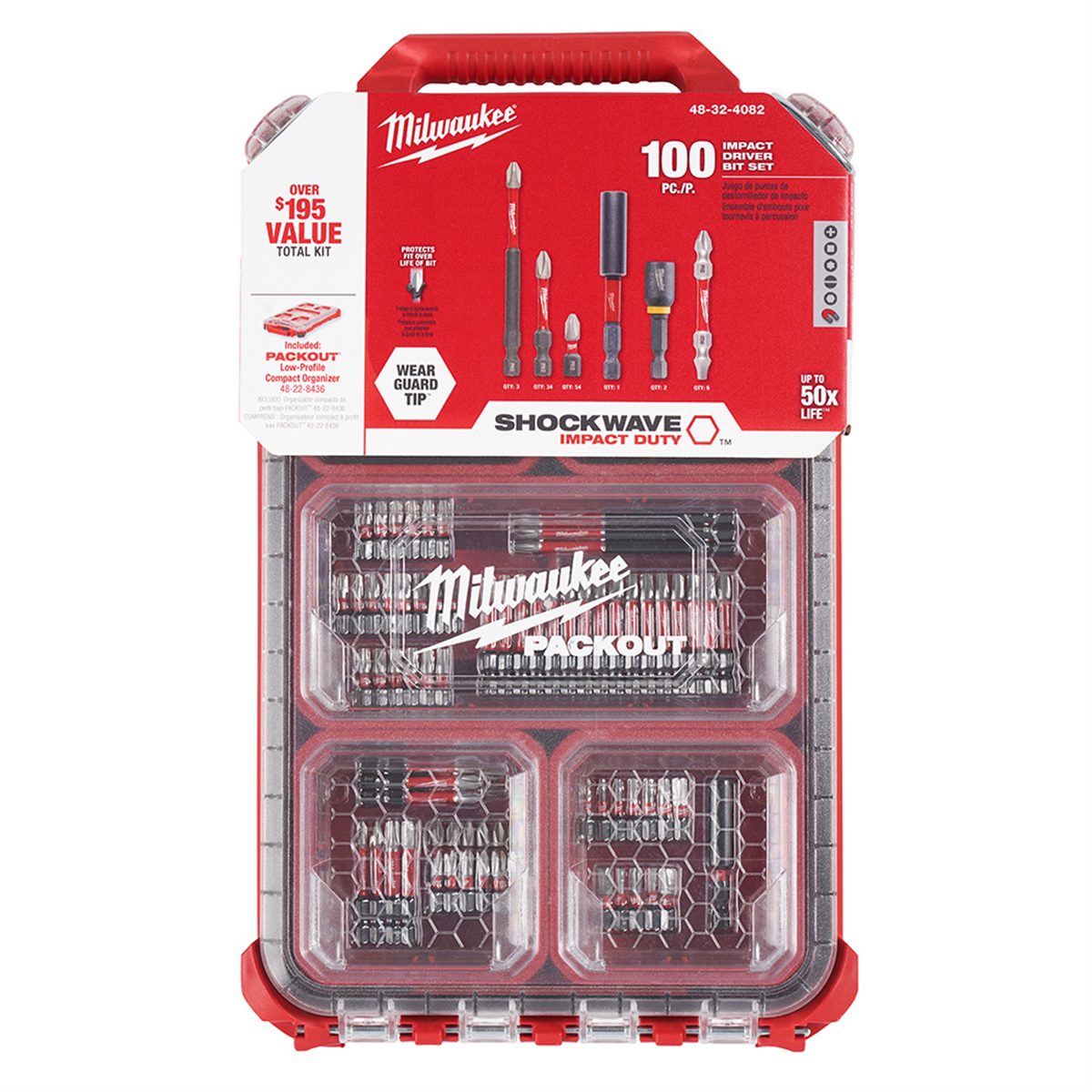 Milwaukee Tools Shockwave 48-32-4082 Impact Drive Bit Set 100-Piece, Wear Guard Tip, PACKOUT