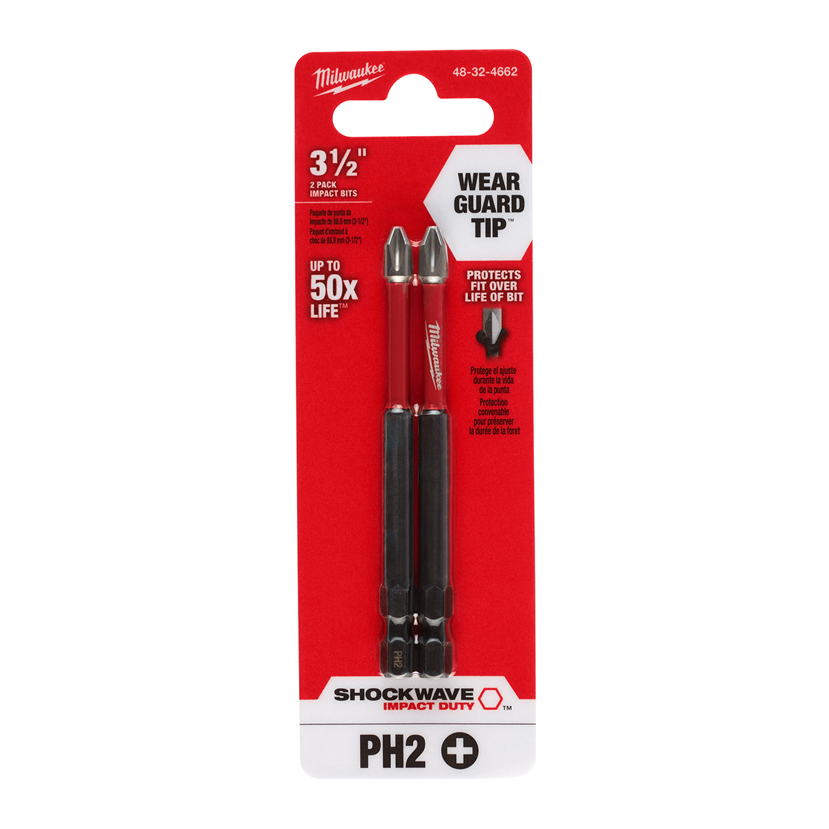 Milwaukee Tools Shockwave 3-1/2" PH2 Impact Duty Bit 2-Pack 48-32-4662, Wear Guard Tip