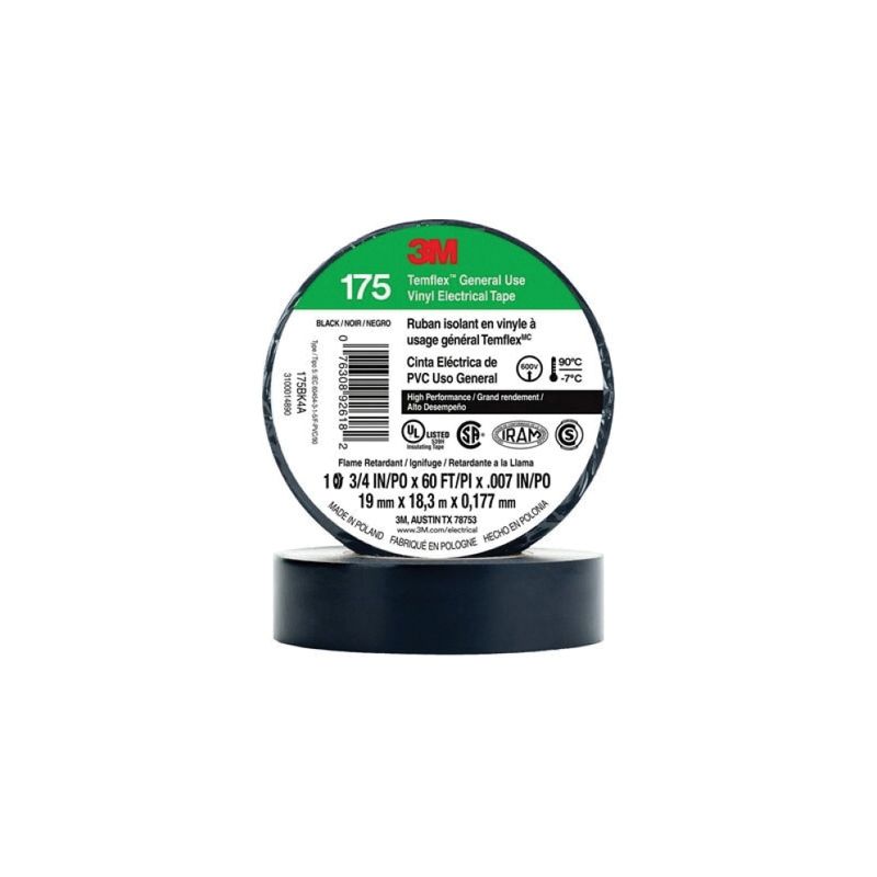 3M Temflex 92618 60 ft Black Electrical Tape, 3/4 in Width, 7 mil Thickness