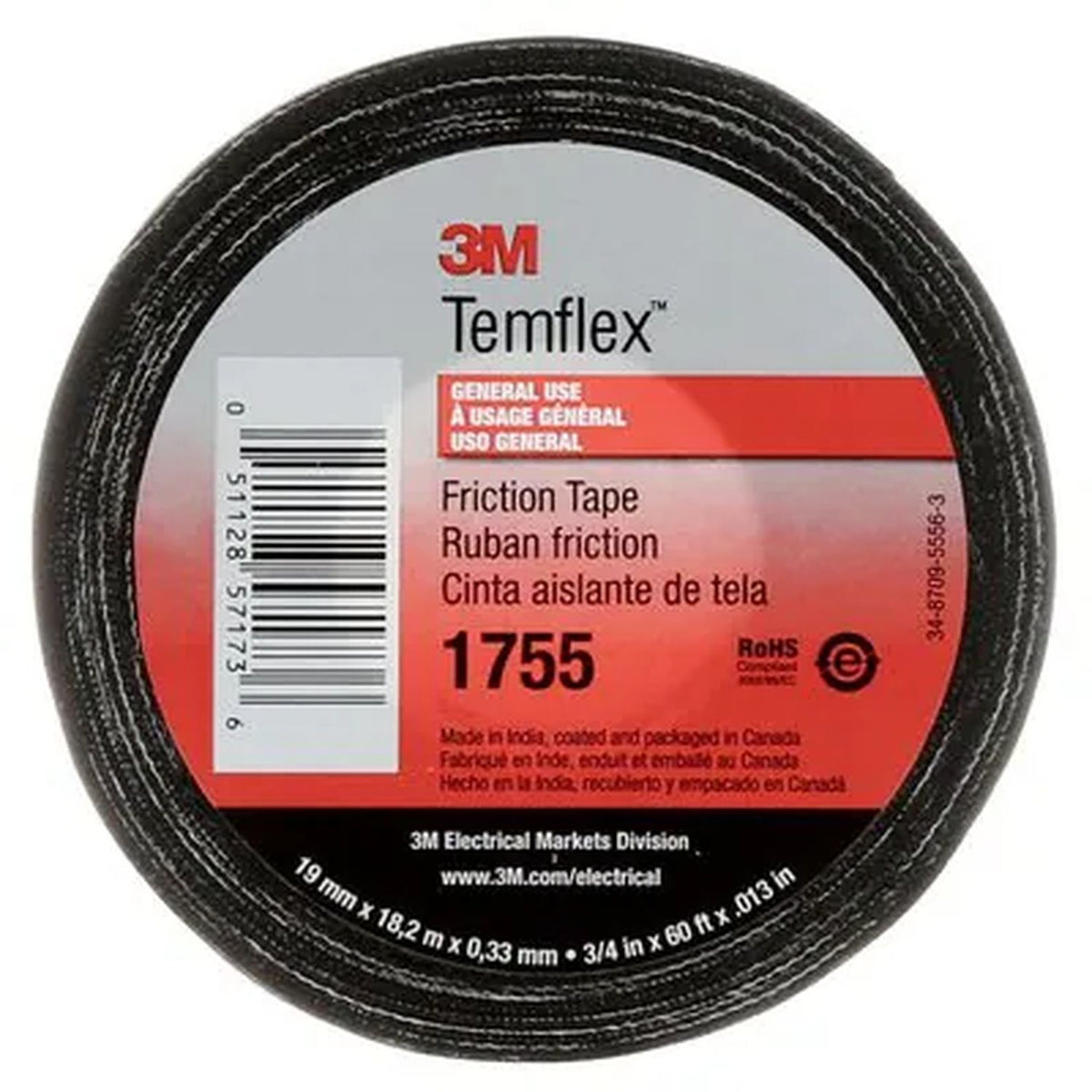 3M Black Temflex Cotton Friction Tape 57173, 3/4 in x 60 ft