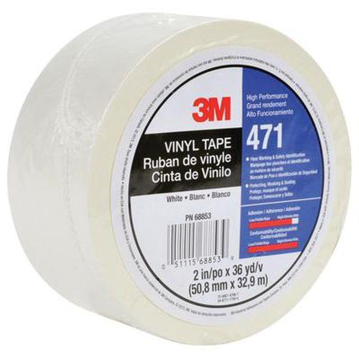 3M 68853 Vinyl Tape 471 White 2 in x 36 yd 5.2 mil 24-Roll Case for Floor Marking