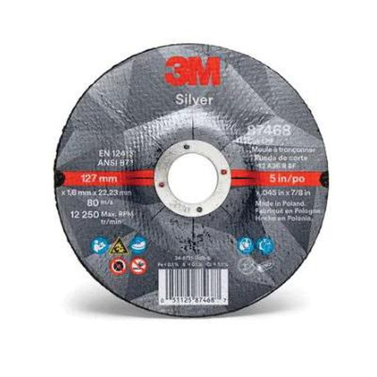 3M 87468 Silver Cut-Off Wheel 5 in x 0.045 in x 7/8 in - 36+ T27, 50 per case