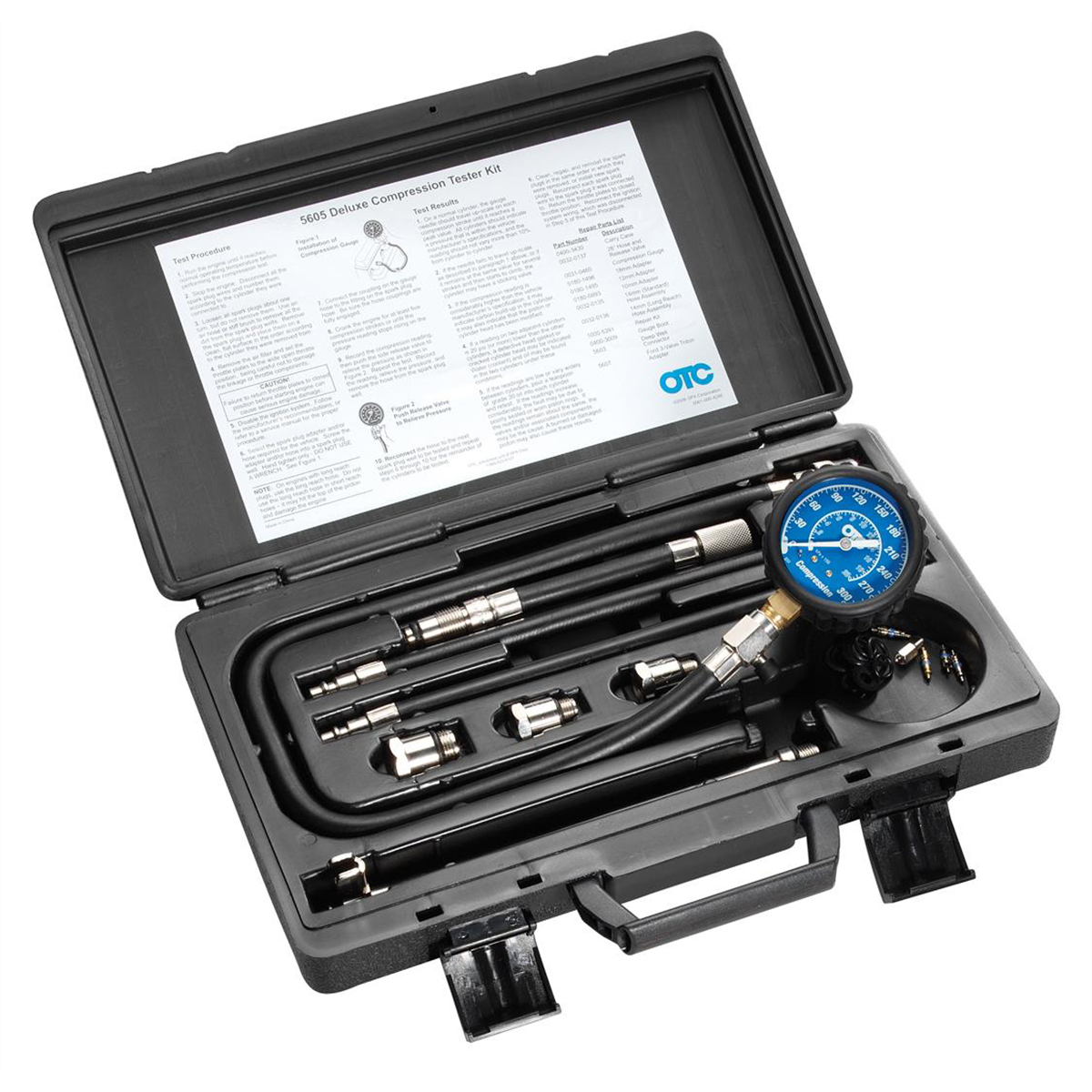 OTC Tools Deluxe Compression Tester Kit 5605 with 25" flex hose, adapters and repair parts
