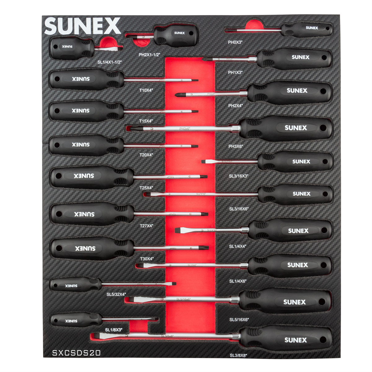 Sunex Tools 20-Piece Magnetic Phillips, Slotted & Torx Screwdriver Set, Model SXCSDS20