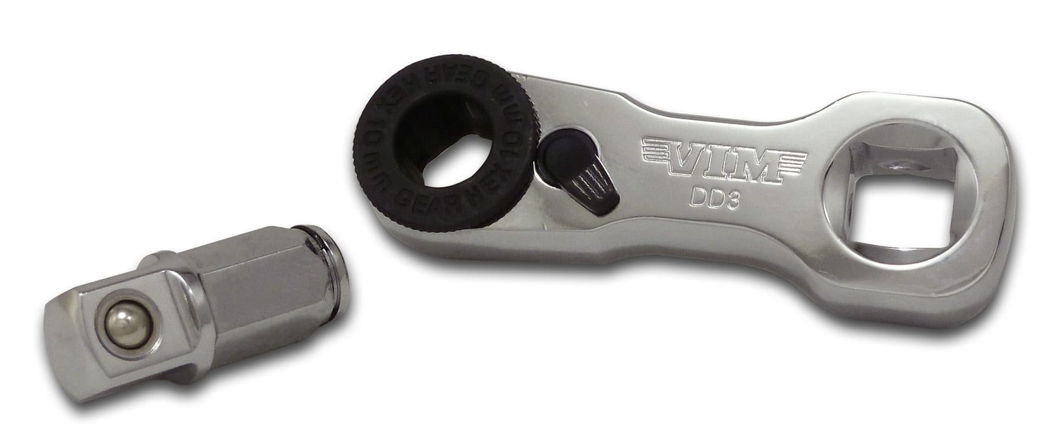 Vim Tools DD3 3/8" Mini Ratchet Double Square Drive, 60° Fine-Tooth Ratchet, 10mm Hex Bits