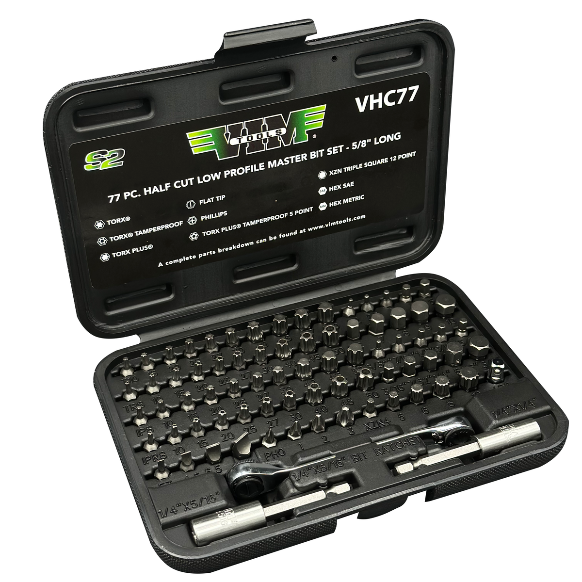 Vim Tools VHC77 77-Piece Half-Cut Bit Set, 5/8" Long Steel Bits, Heat-Treated