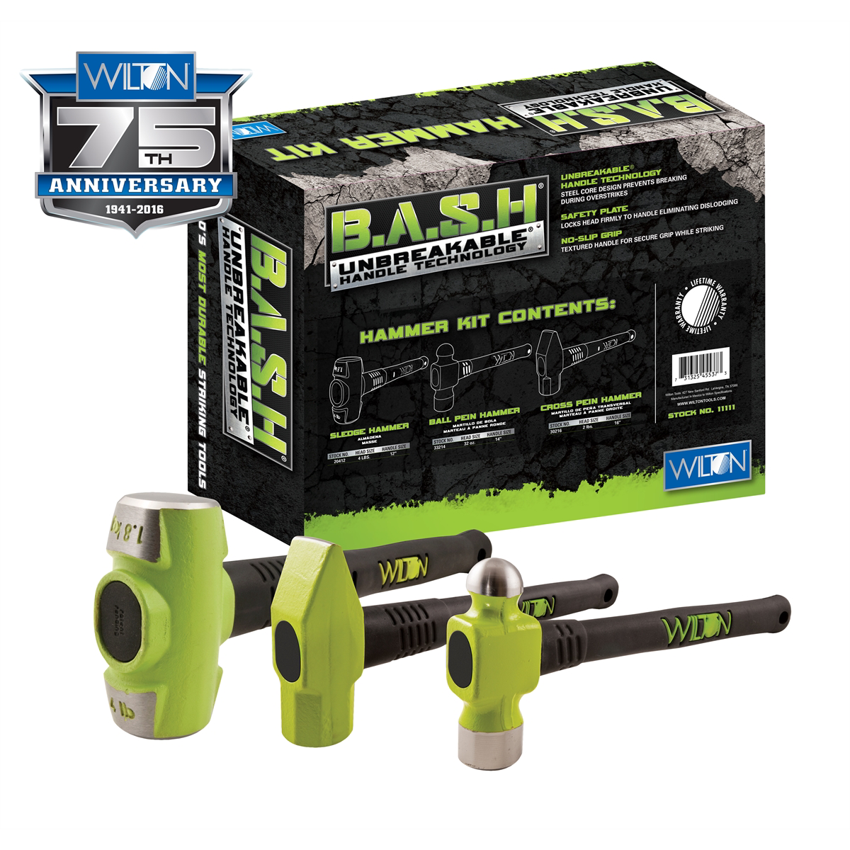 Wilton 11111 Bash Hammer Mechanics Kit - Ergonomic Thickened Handle, Lanyard Hole, Hi-Vis Green Head