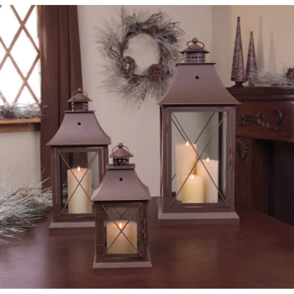 Set of 3 Cottage-Style Brown Iron Pillar Candle Holder Lanterns 24″-11.5″