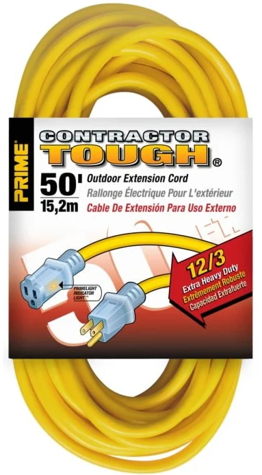 Prime 50′ 12/3 Gauge SJTW Yellow Jobsite Outdoor Extension Cord – EC511830