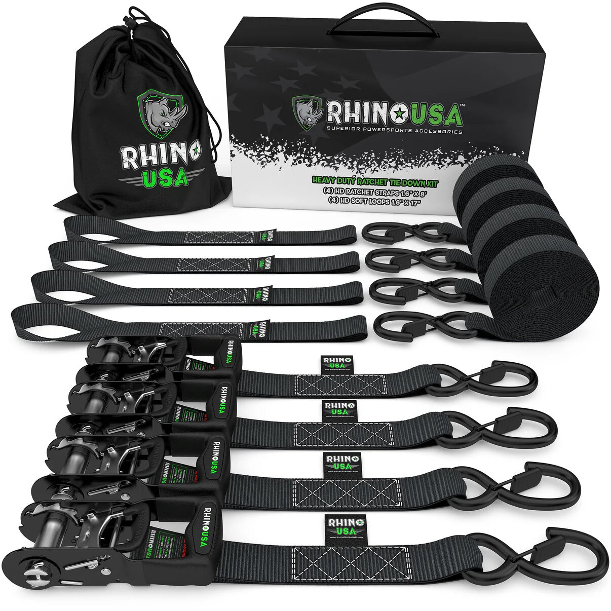 Rhino USA 1.6" x 15' Heavy Duty Ratchet Tie-Down - 4-Pack