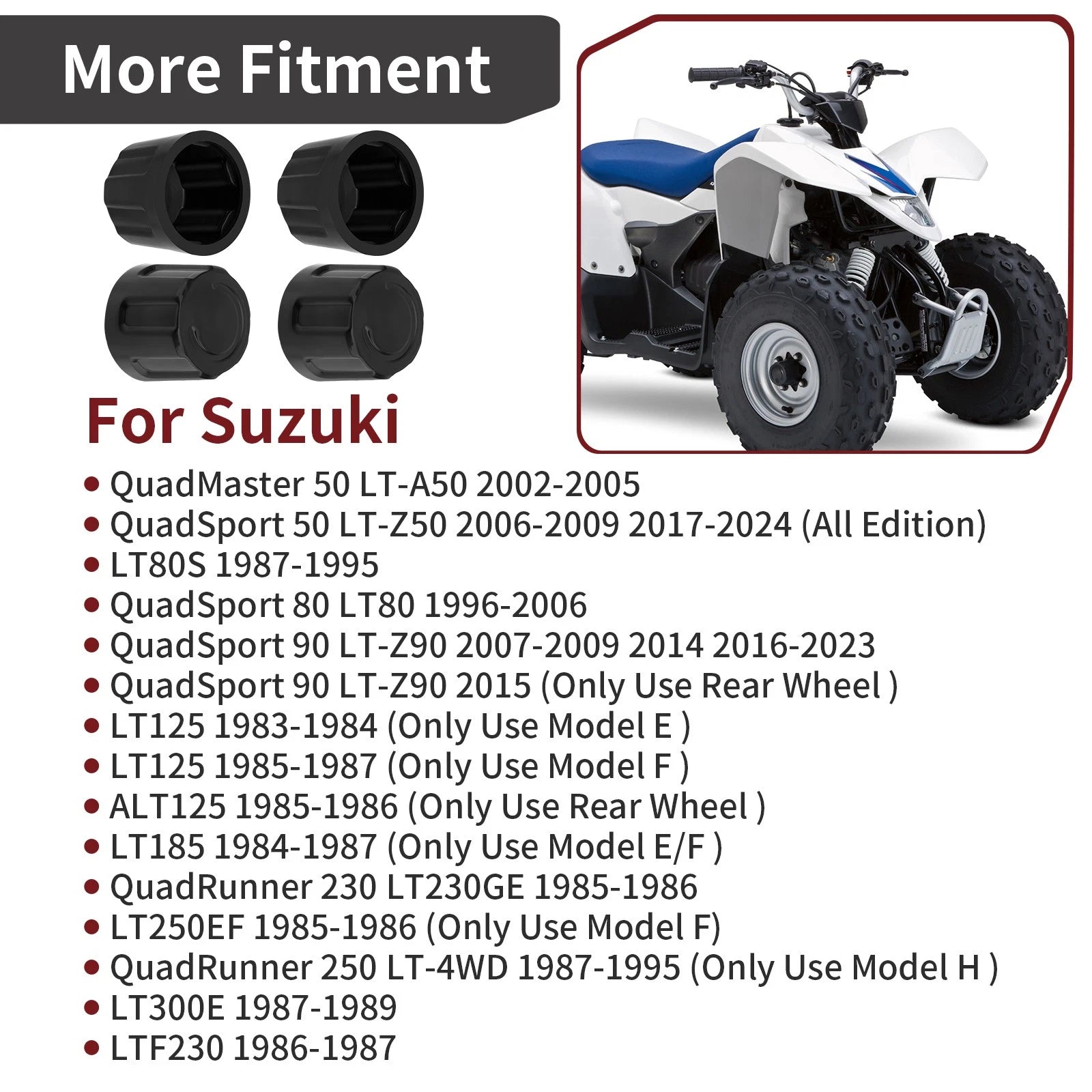 Set of 4 Center Hub Wheel Caps for Suzuki Quadrunner ALT LT 50 90 125 185 230 250 300