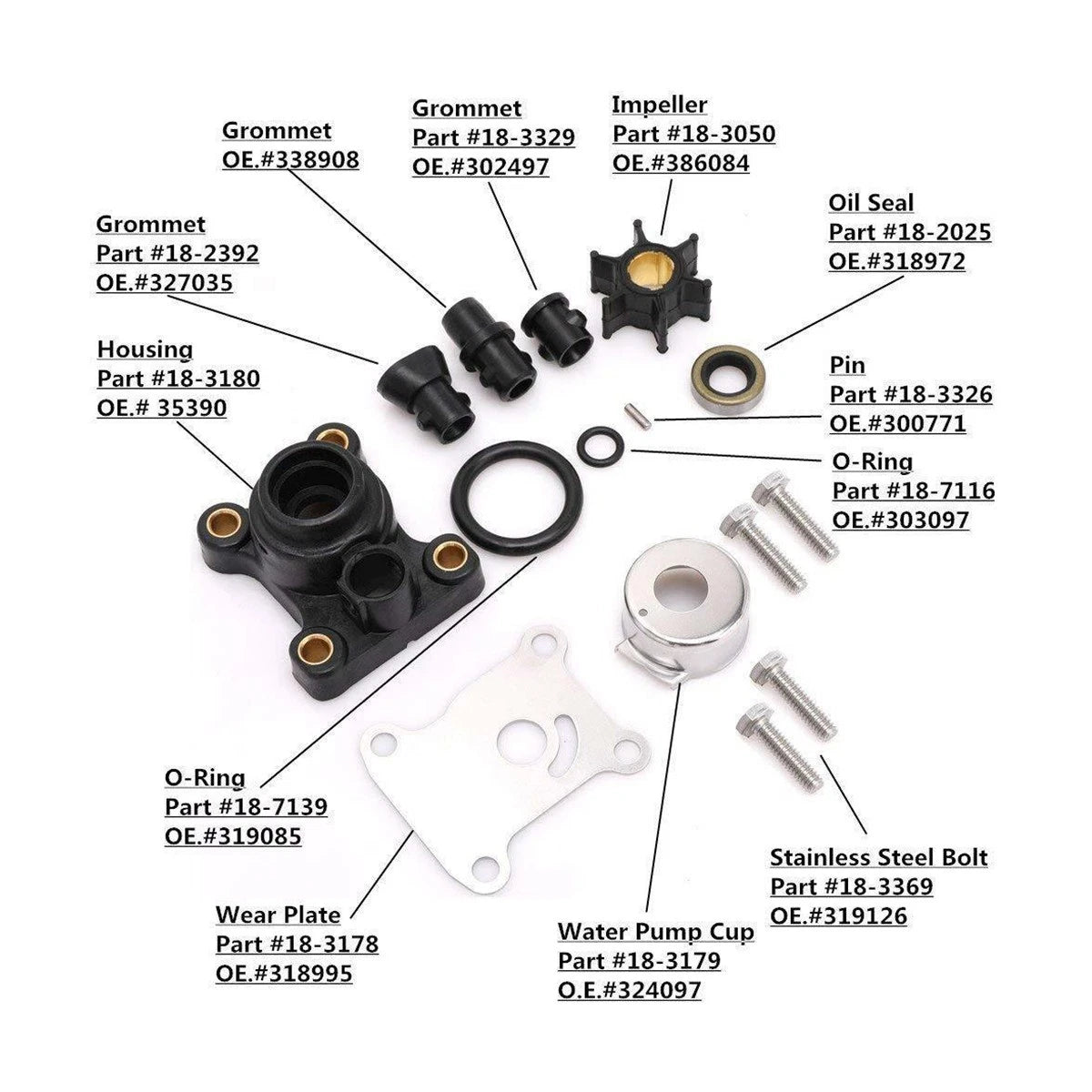 Water Pump Impeller Kit for Johnson Evinrude 9.9-15HP (1974–2007) 394711