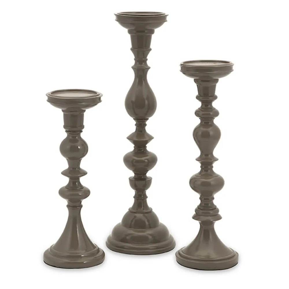 Set of 3 Contemporary Tall Taupe Gray Sculpted Pillar Candle Holders