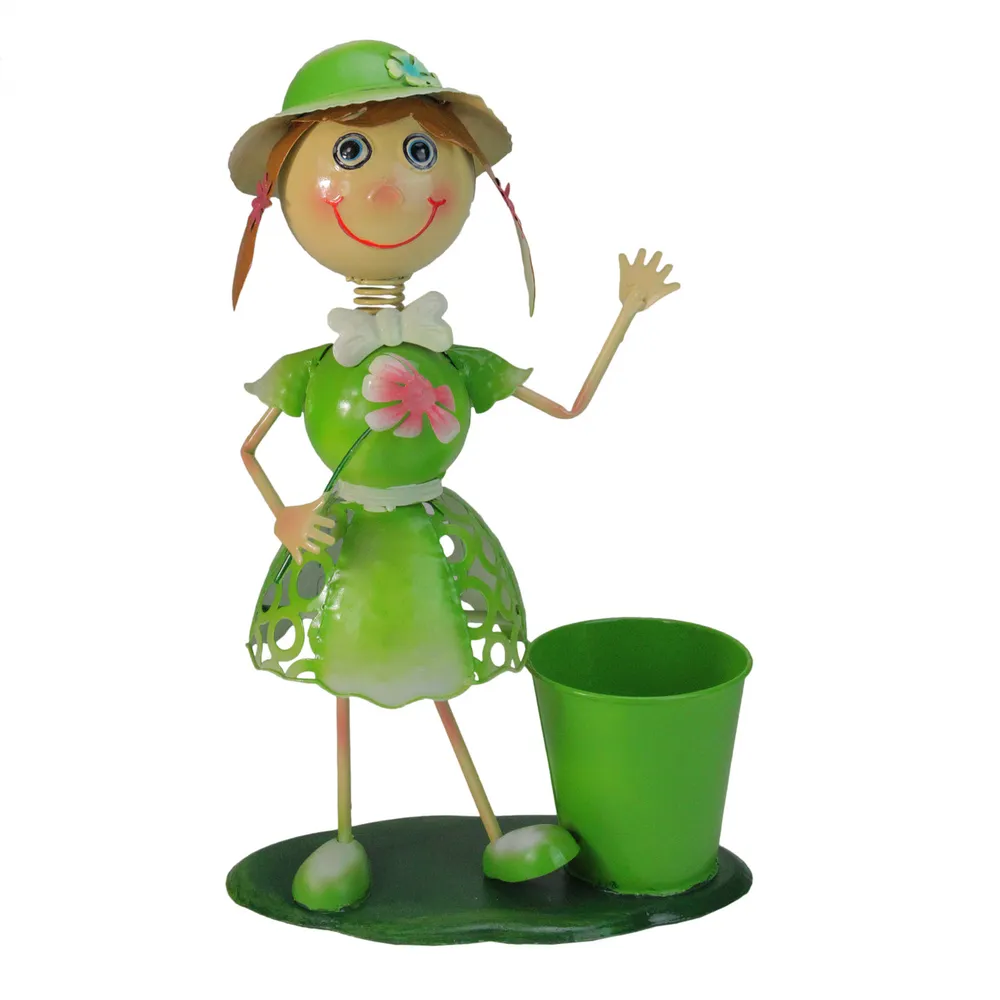 17″ Lime Green and Pink Girl with Flower Spring Outdoor Garden Planter