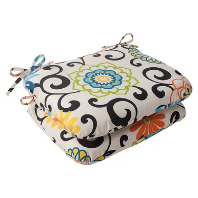 Set of 2 Ivory and Black Filigree Patterned Spunky Flowers Outdoor Patio Seat Cushions 18.5″