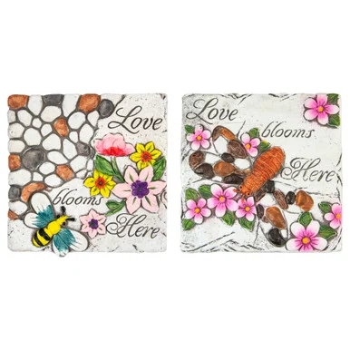 Set of 2 ‘Love Blooms Here’ Floral Outdoor Garden Stones 7″ – Sweet Sentiment for Your Flower Garden