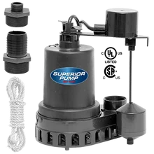 Superior Pump – 1/3 HP Thermoplastic Sump Pump – Side Discharge w/Vertical Float – 92379