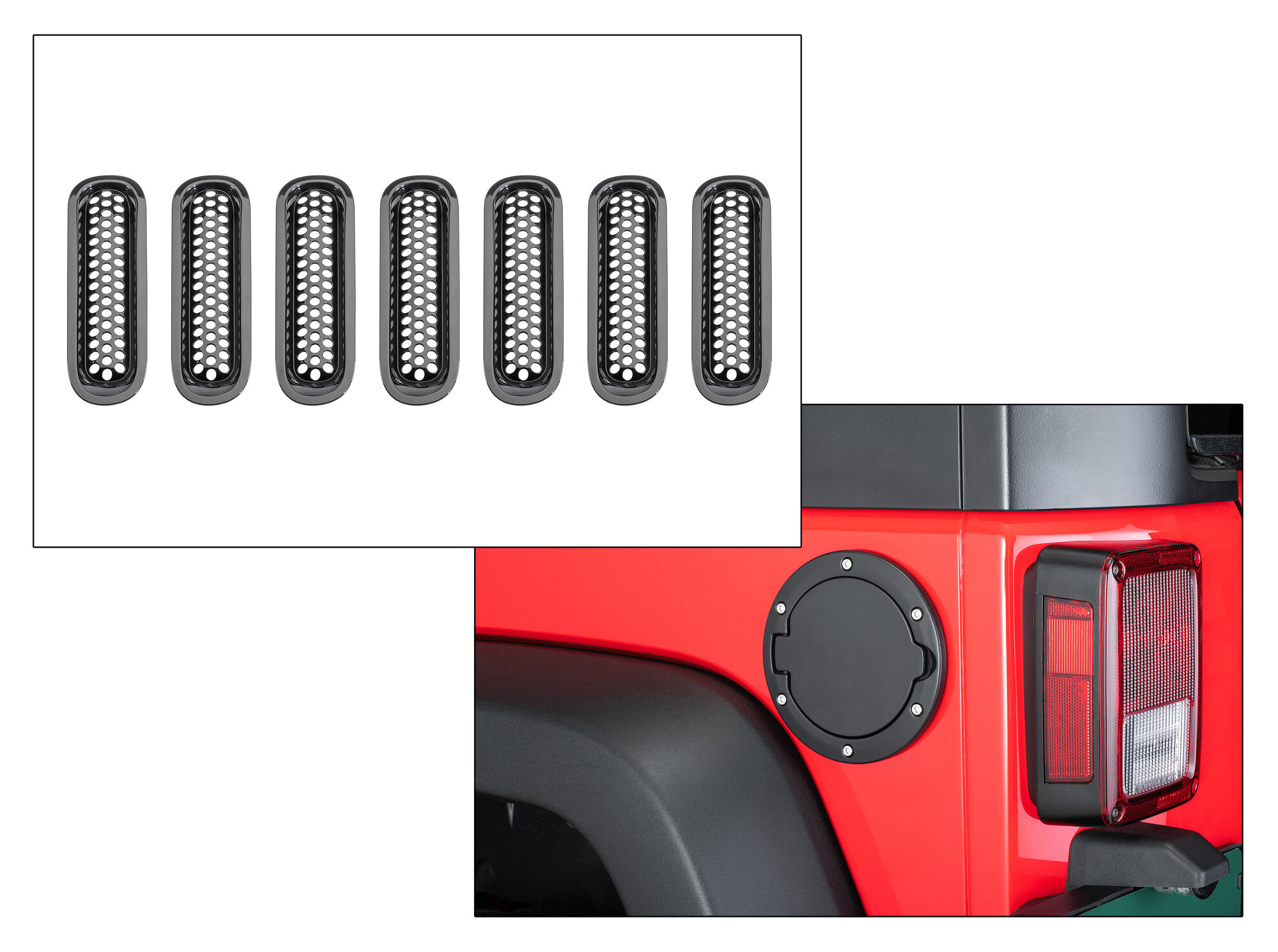 TACTIK Snap-In Grille Inserts with Billet Aluminum Fuel Door for 07-18 Jeep Wrangler JK