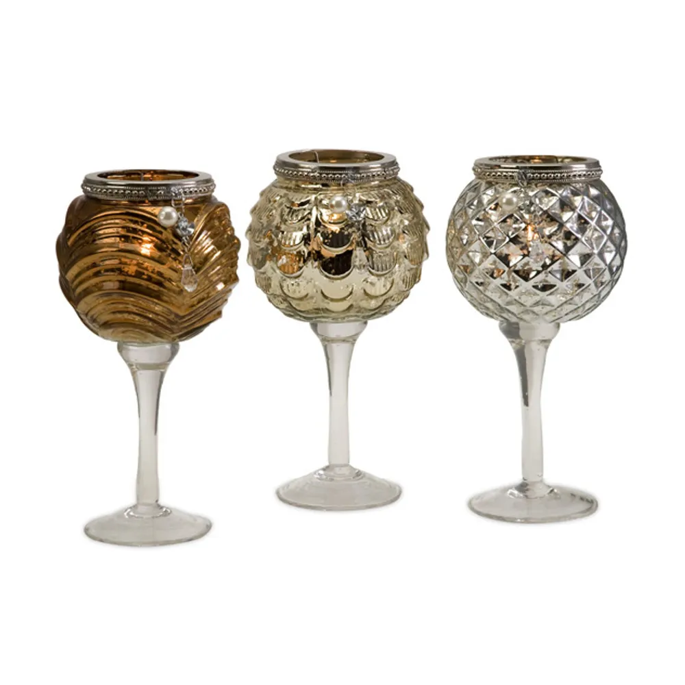 Set of 3 Aurora Ridged Metallic Glass Goblet Votive Candle Holders 8″