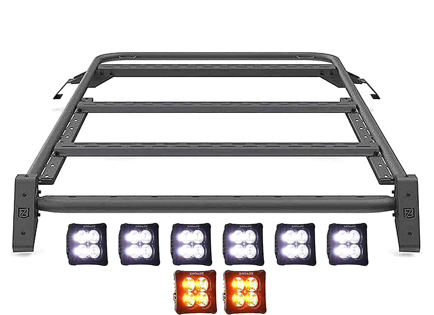 ZROADZ Z845211 Roof Rack Kit with (6) 3 inch ZROADZ White and (2) Amber LED Pods for 21-26 Ford Bronco 2-Door